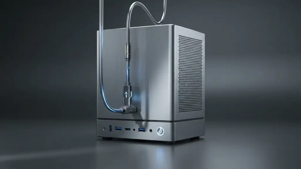 A finished Alfred Core: a compact, sealed aluminium machine with a single cable attached.